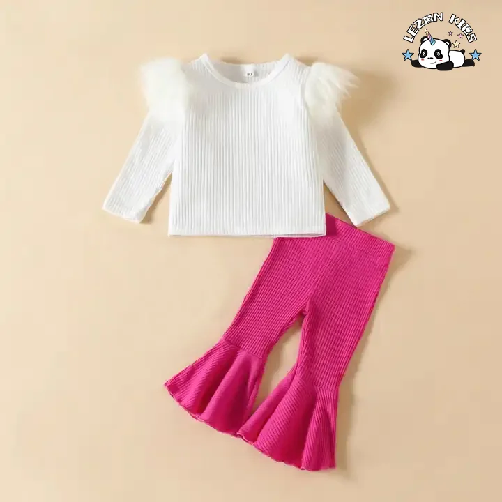 LEZONKIDS - New Children's Clothes Girls' Suit Pit Strip Cotton Long-Sleeved Top Flare Pants Two-Piece Set